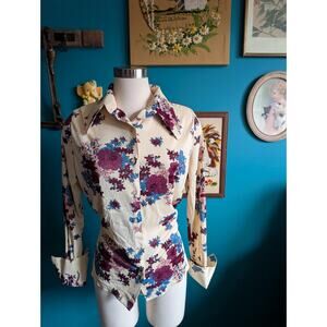 Vintage 70s long sleeve dagger collar polyester button up floral geometric